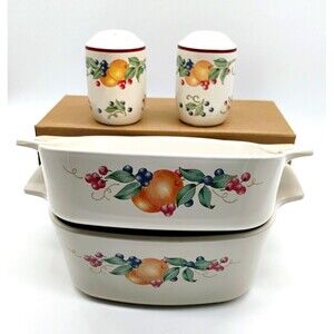 Vintage Corning Ware ABUNDANCE Casserole dishes no Lids + Salt & Pepper Shakers